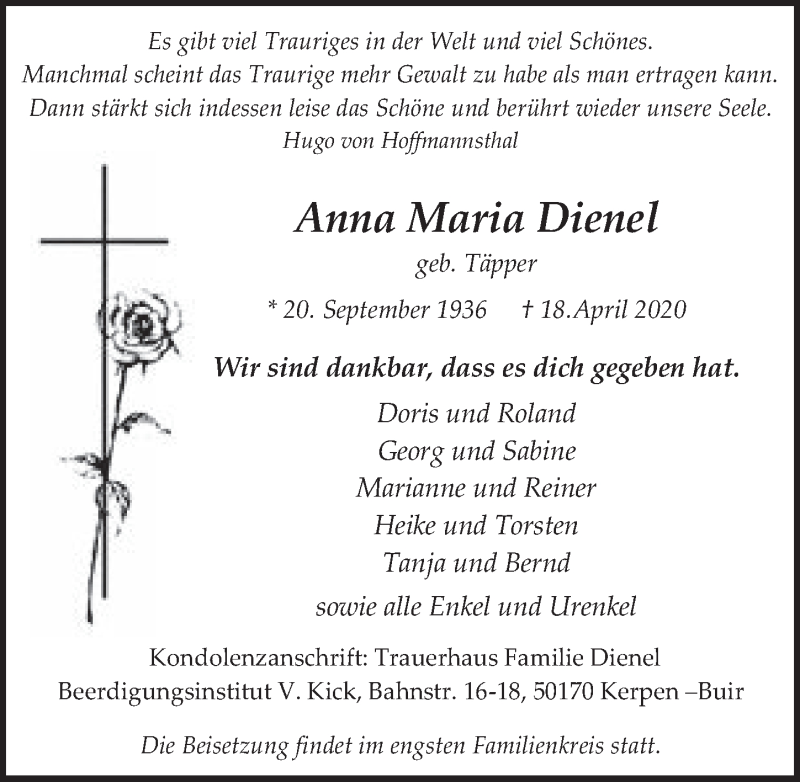 Traueranzeige für Anna Maria Dienel vom 30.04.2020 aus  Werbepost 