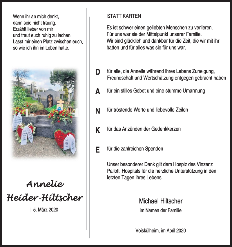  Traueranzeige für Annelie Heider-Hiltscher vom 25.04.2020 aus Kölner Stadt-Anzeiger / Kölnische Rundschau / Express