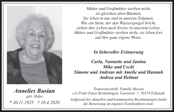 Anzeige von Annelies Busian von  Wochenende 