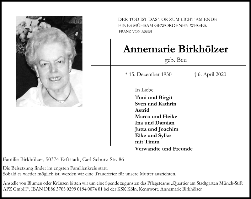  Traueranzeige für Annemarie Birkhölzer vom 11.04.2020 aus Kölner Stadt-Anzeiger / Kölnische Rundschau / Express