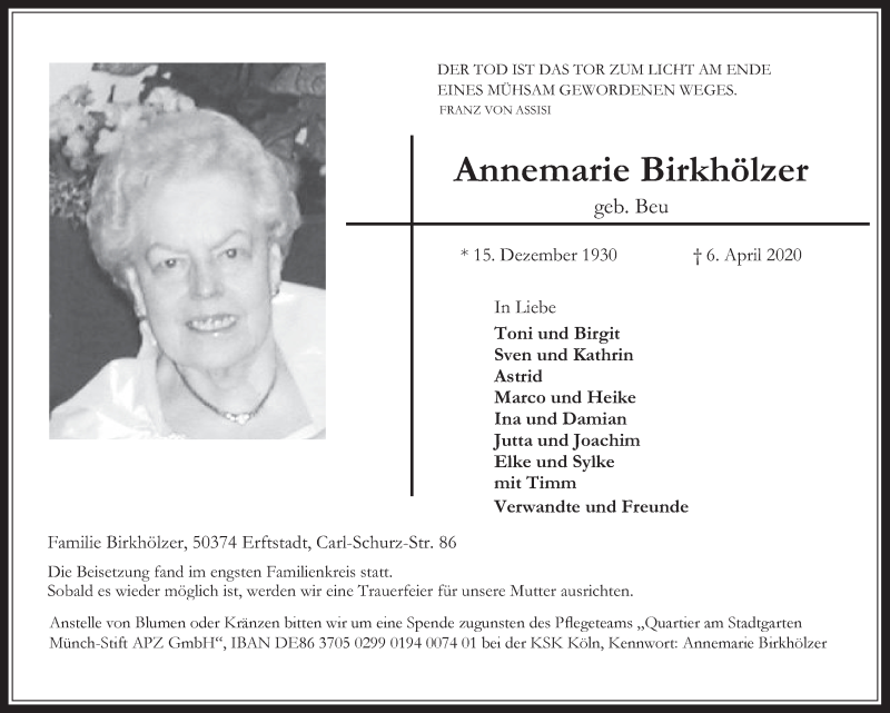  Traueranzeige für Annemarie Birkhölzer vom 17.04.2020 aus  Werbepost 