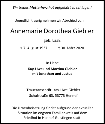 Anzeige von Annemarie Dorothea Giebler von Kölner Stadt-Anzeiger / Kölnische Rundschau / Express