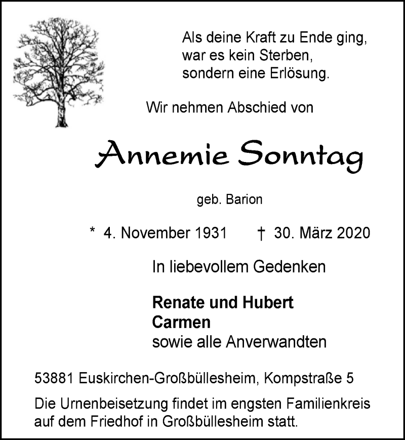  Traueranzeige für Annemie Sonntag vom 04.04.2020 aus  Blickpunkt Euskirchen 