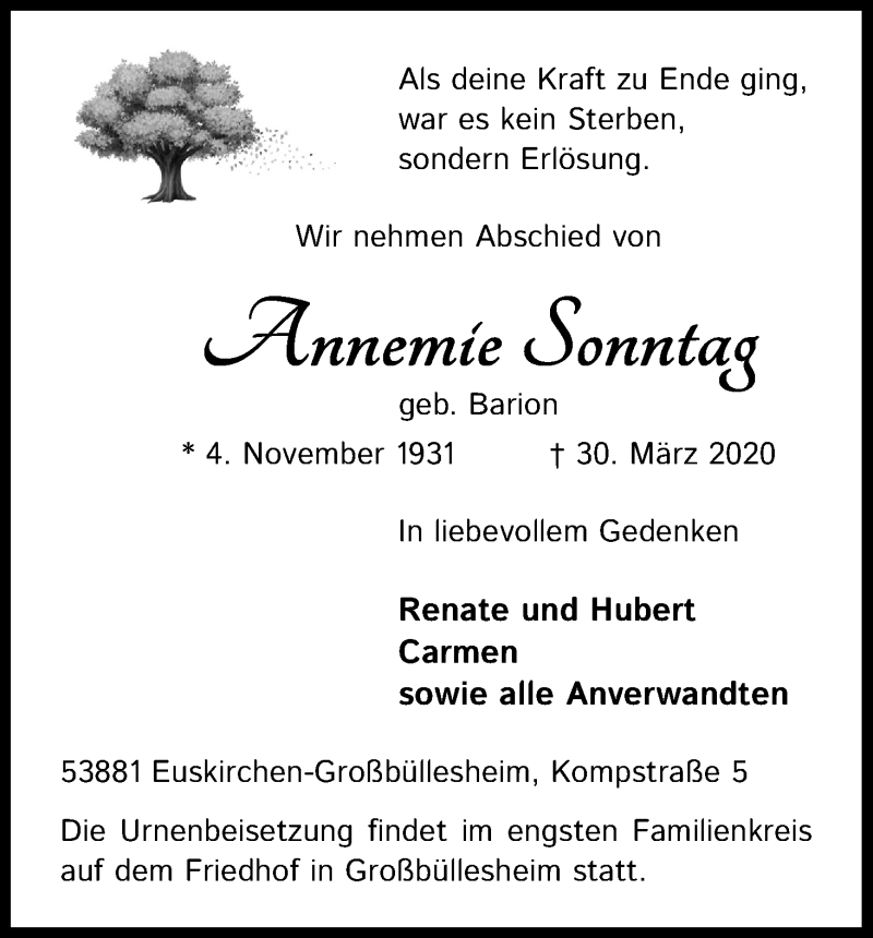  Traueranzeige für Annemie Sonntag vom 03.04.2020 aus Kölner Stadt-Anzeiger / Kölnische Rundschau / Express