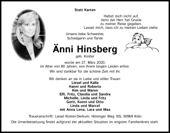 Anzeige von Anni Hinsberg von Kölner Stadt-Anzeiger / Kölnische Rundschau / Express