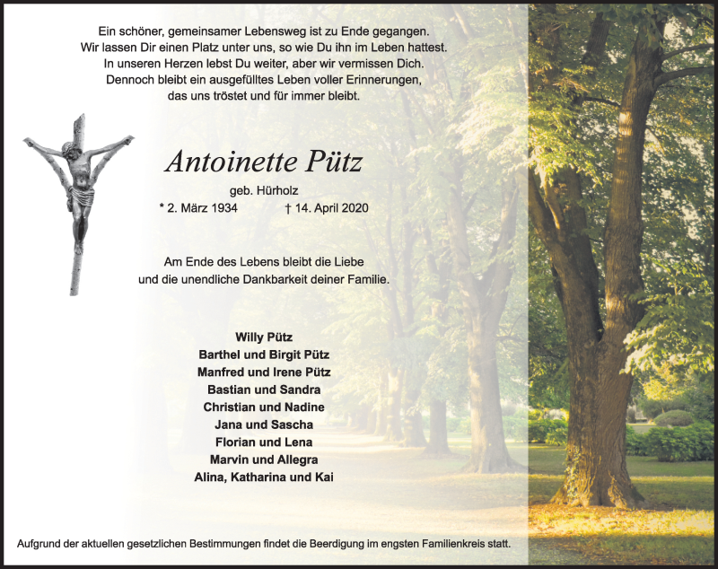  Traueranzeige für Antoinette Pütz vom 18.04.2020 aus Kölner Stadt-Anzeiger / Kölnische Rundschau / Express