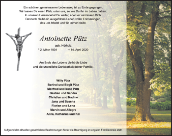 Anzeige von Antoinette Pütz von Kölner Stadt-Anzeiger / Kölnische Rundschau / Express