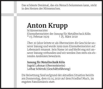 Anzeige von Anton Krupp von Kölner Stadt-Anzeiger / Kölnische Rundschau / Express