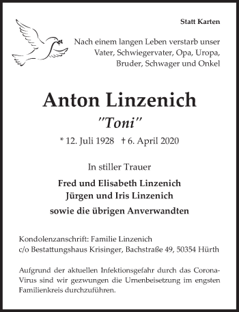 Anzeige von Anton Linzenich von  Wochenende 
