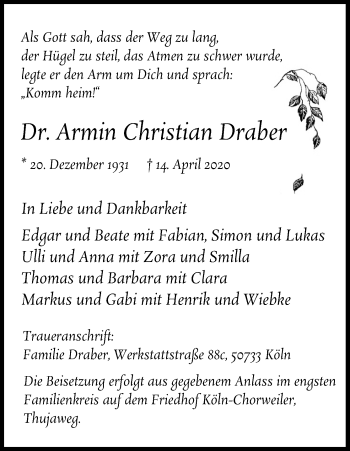 Anzeige von Armin Christian Draber von Kölner Stadt-Anzeiger / Kölnische Rundschau / Express
