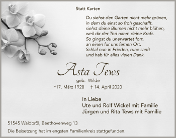 Anzeige von Asta Tews von  Lokalanzeiger 