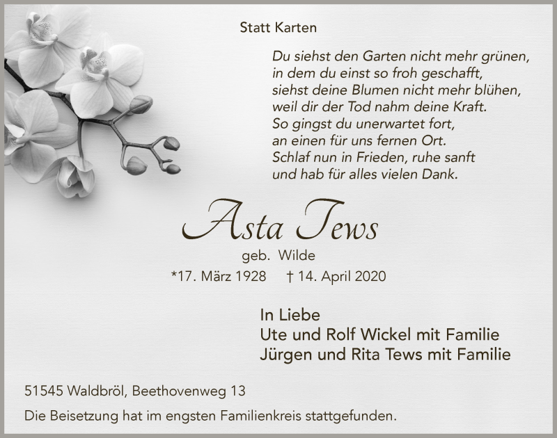  Traueranzeige für Asta Tews vom 24.04.2020 aus  Lokalanzeiger 