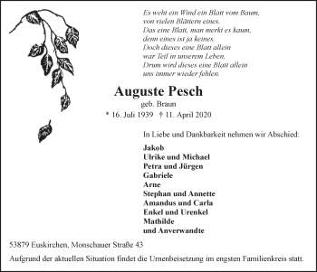 Anzeige von Auguste Pesch von  Blickpunkt Euskirchen 