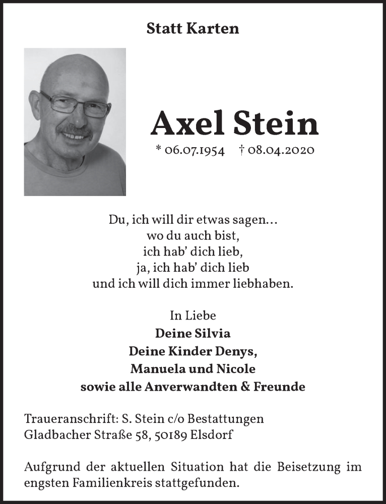  Traueranzeige für Axel Stein vom 24.04.2020 aus  Werbepost 