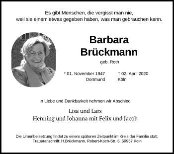Anzeige von Barbara Brückmann von Kölner Stadt-Anzeiger / Kölnische Rundschau / Express