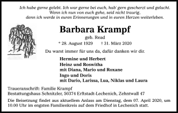 Anzeige von Barbara Krampf von Kölner Stadt-Anzeiger / Kölnische Rundschau / Express