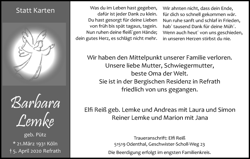  Traueranzeige für Barbara Lemke vom 11.04.2020 aus Kölner Stadt-Anzeiger / Kölnische Rundschau / Express