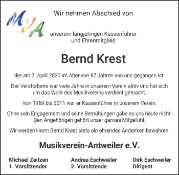 Anzeige von Bernd Krest von  Blickpunkt Euskirchen 