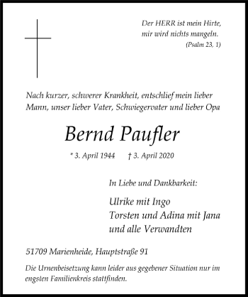Anzeige von Bernd Paufler von  Anzeigen Echo 