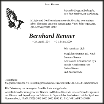 Anzeige von Bernhard Renne von  Anzeigen Echo 