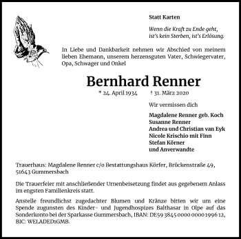 Anzeige von Bernhard Renner von Kölner Stadt-Anzeiger / Kölnische Rundschau / Express