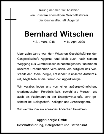 Anzeige von Bernhard Witschen von Kölner Stadt-Anzeiger / Kölnische Rundschau / Express