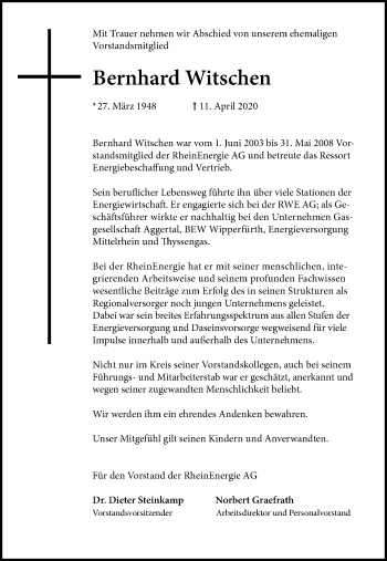Anzeige von Bernhard Witschen von Kölner Stadt-Anzeiger / Kölnische Rundschau / Express