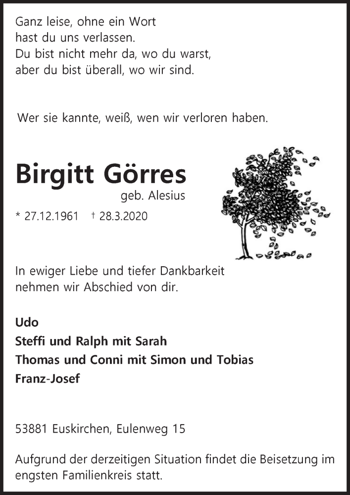  Traueranzeige für Birgitt Görres vom 04.04.2020 aus  Blickpunkt Euskirchen 