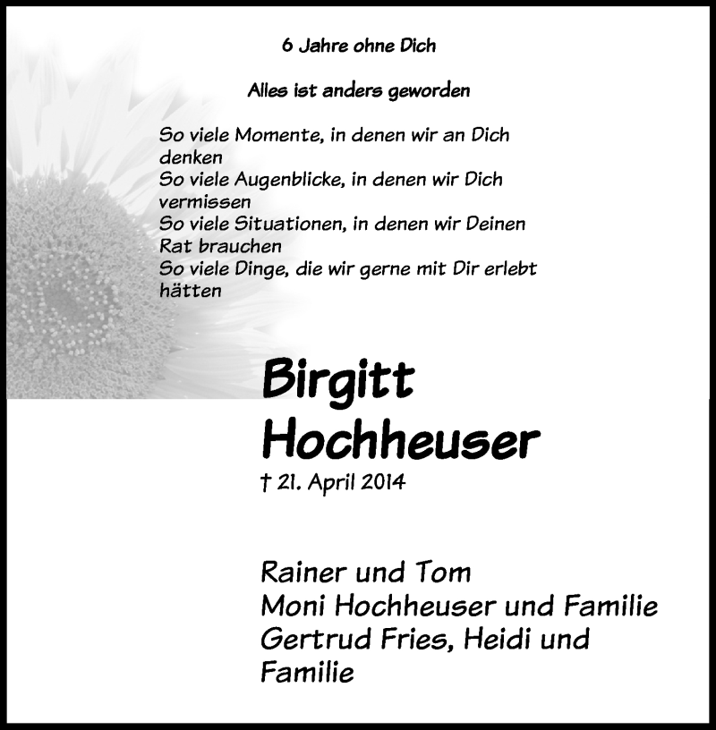  Traueranzeige für Birgitt Hochheuser vom 21.04.2020 aus Kölner Stadt-Anzeiger / Kölnische Rundschau / Express