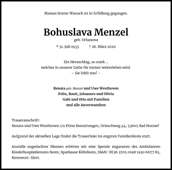 Anzeige von Bohuslava Menzel von Kölner Stadt-Anzeiger / Kölnische Rundschau / Express