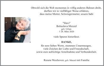 Anzeige von Bohuslava Menzel von Kölner Stadt-Anzeiger / Kölnische Rundschau / Express