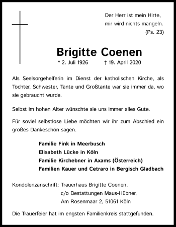 Anzeige von Brigitte Coenen von Kölner Stadt-Anzeiger / Kölnische Rundschau / Express