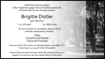 Anzeige von Brigitte Distler von Kölner Stadt-Anzeiger / Kölnische Rundschau / Express
