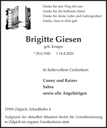 Anzeige von Brigitte Giesen von  Blickpunkt Euskirchen 