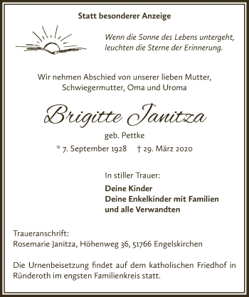 Anzeige von Brigitte Janitza von  Anzeigen Echo 