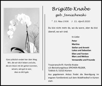 Anzeige von Brigitte Knabe von Kölner Stadt-Anzeiger / Kölnische Rundschau / Express