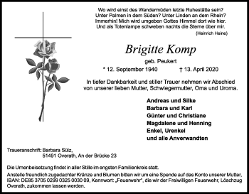 Anzeige von Brigitte Komp von Kölner Stadt-Anzeiger / Kölnische Rundschau / Express