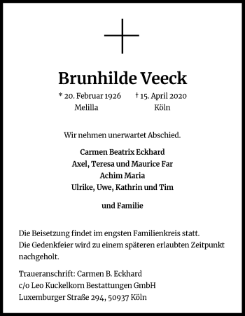 Anzeige von Brunhilde Veeck von Kölner Stadt-Anzeiger / Kölnische Rundschau / Express