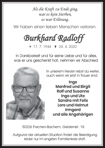 Anzeige von Burkhard Radloff von  Wochenende 