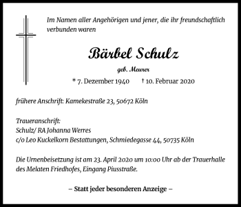 Anzeige von Bärbel Schulz von Kölner Stadt-Anzeiger / Kölnische Rundschau / Express