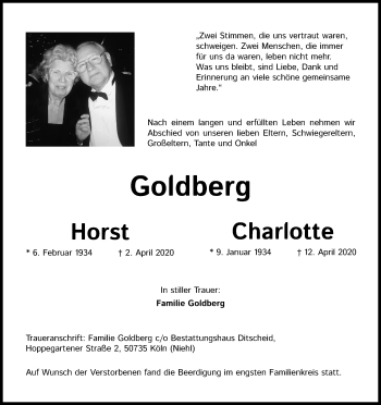 Anzeige von Charlotte Goldberg von Kölner Stadt-Anzeiger / Kölnische Rundschau / Express