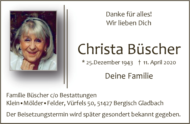  Traueranzeige für Christa Büscher vom 24.04.2020 aus  Bergisches Handelsblatt 