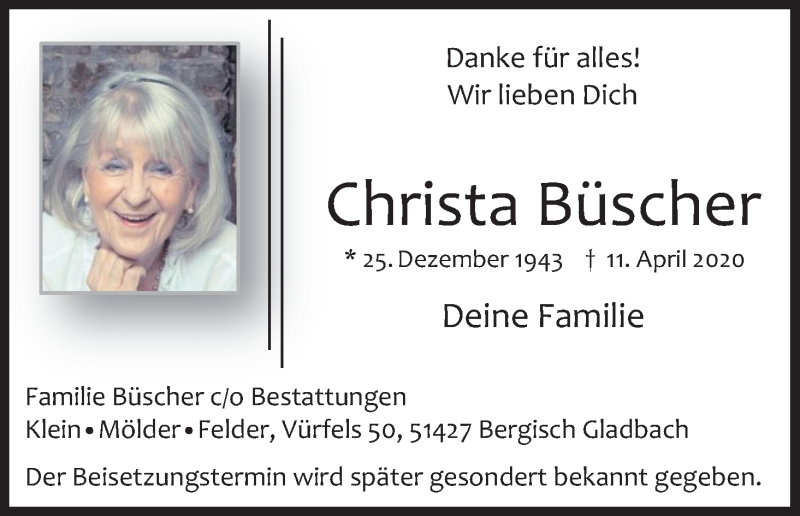  Traueranzeige für Christa Büscher vom 25.04.2020 aus Kölner Stadt-Anzeiger / Kölnische Rundschau / Express