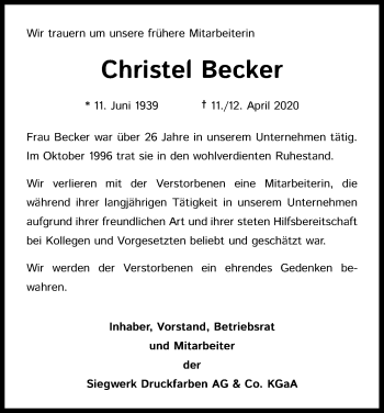 Anzeige von Christel Becker von Kölner Stadt-Anzeiger / Kölnische Rundschau / Express