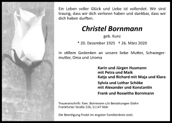 Anzeige von Christel Bornmann von  Kölner Wochenspiegel 
