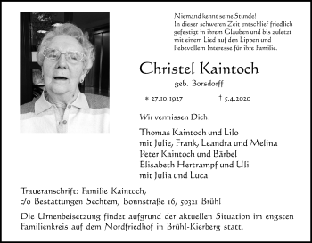 Anzeige von Christel Kaintoch von Kölner Stadt-Anzeiger / Kölnische Rundschau / Express