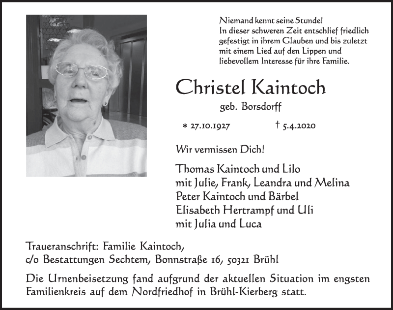  Traueranzeige für Christel Kaintoch vom 30.04.2020 aus  Schlossbote/Werbekurier 