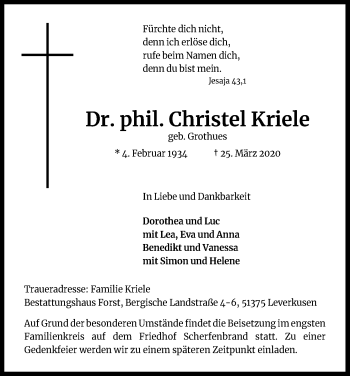Anzeige von Christel Kriele von Kölner Stadt-Anzeiger / Kölnische Rundschau / Express