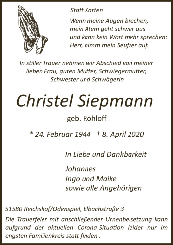Anzeige von Christel Siepmann von  Lokalanzeiger 