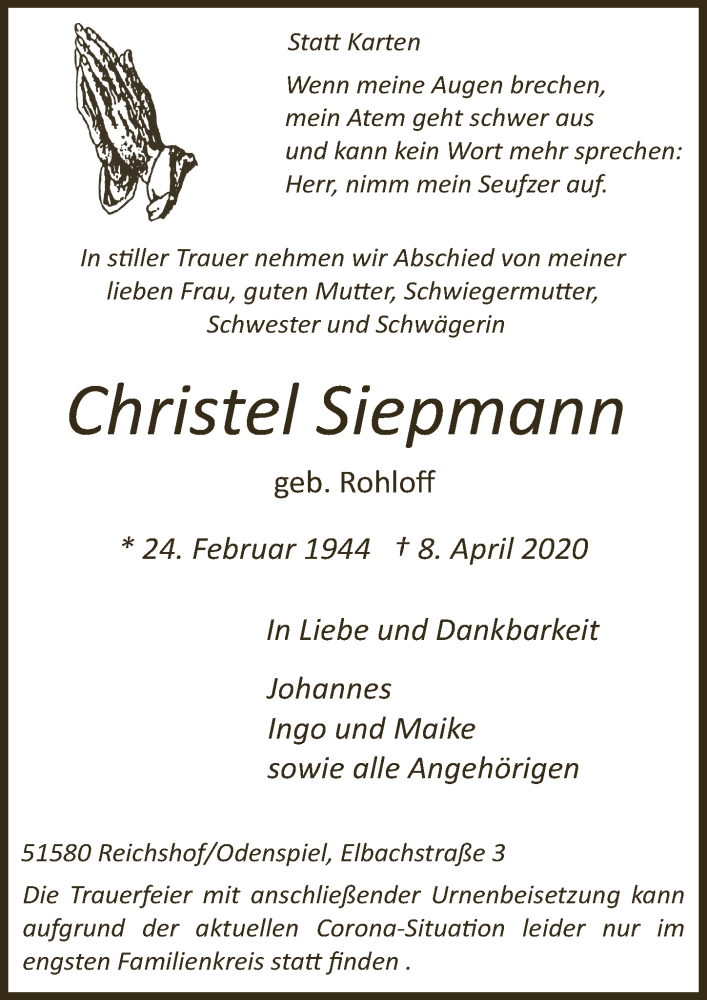  Traueranzeige für Christel Siepmann vom 17.04.2020 aus  Lokalanzeiger 